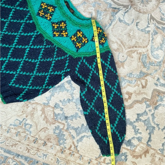 VTG 90’s Liz Sport chunky wool Sweater Green Cropped Checkered Balloon Sleeve S - Picture 9 of 11